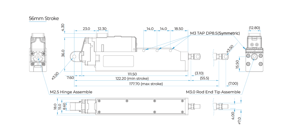 enPosition Control Lineup 제원blue56mm mightyZAP Micro Linear Actuator