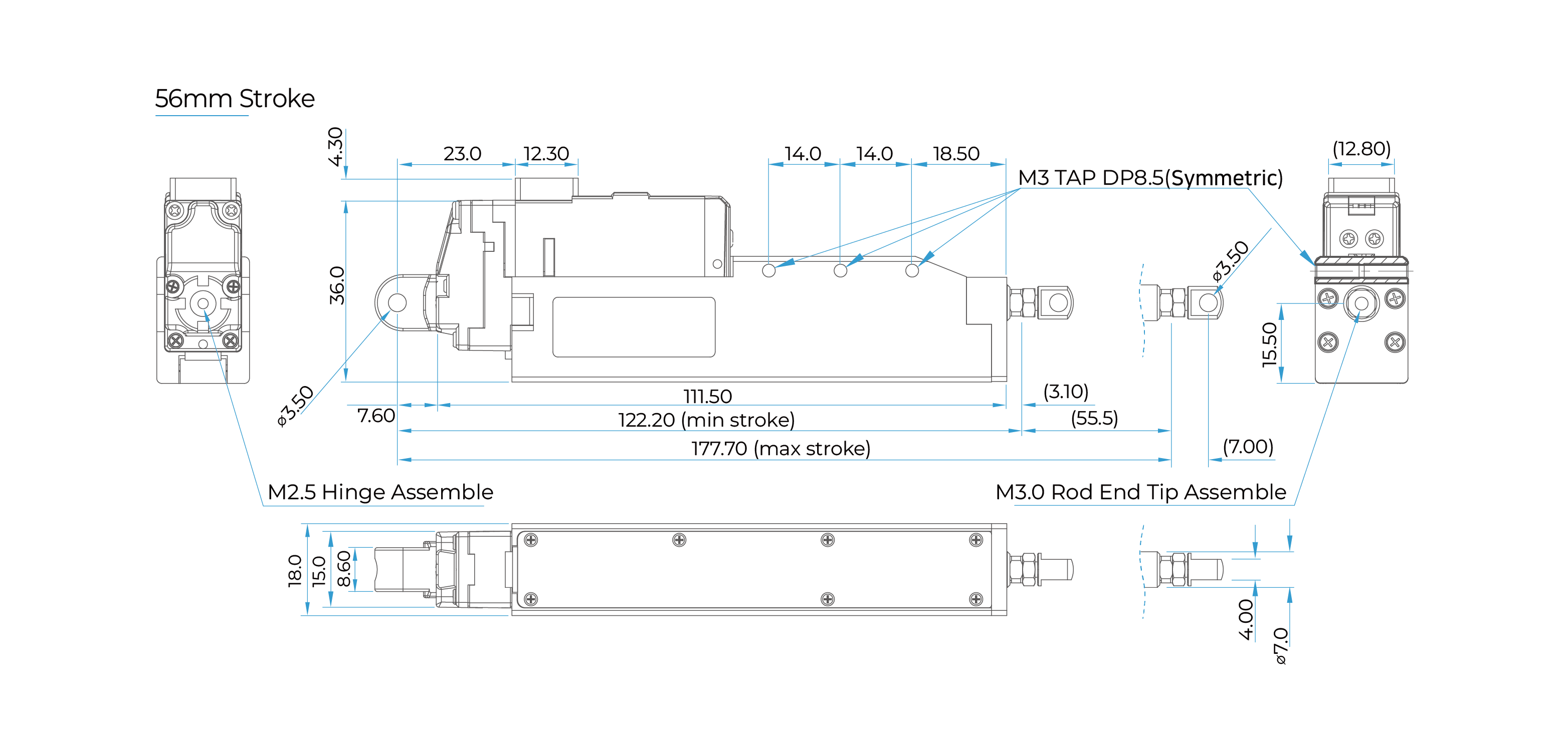 enPosition Control Lineup 제원blue56mm mightyZAP Micro Linear Actuator