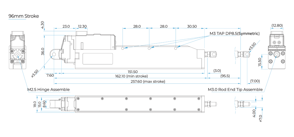 enPosition Control Lineup 제원blue96mm mightyZAP Micro Linear Actuator