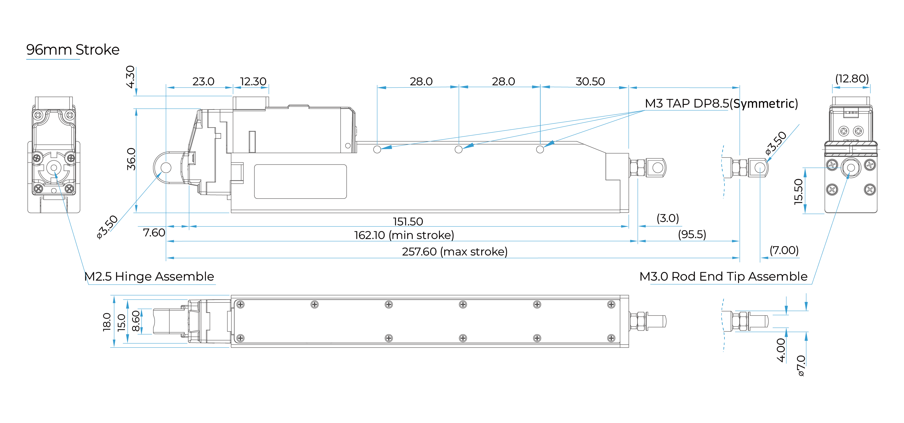 enPosition Control Lineup 제원blue96mm mightyZAP Micro Linear Actuator
